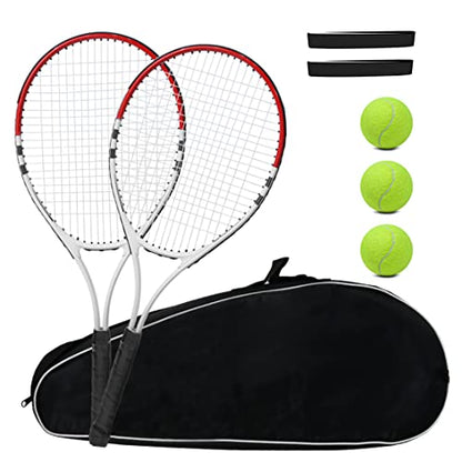 Tennis Racket Pre-Strung Lightweight 27 Inch Racquet Recreational Adult Rackets for Men Women Students Training Tennis Starter Kit with Balls,Carry Bag and Overgrips - color: Red/White - 2 Rackets