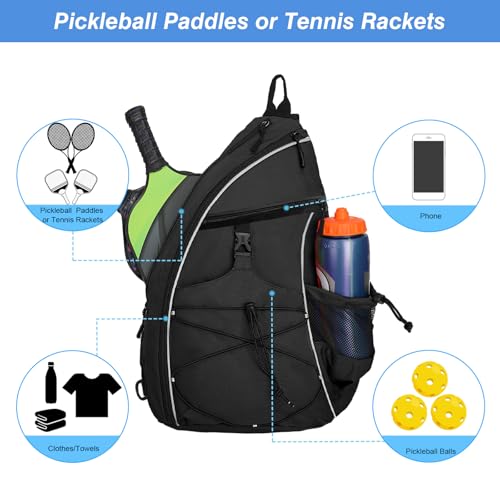 WOLT Pickleball Bag,Crossbody Sling Bags for Women Men,Pickleball Backpack with Fence Hook for Tennis, Racketball - color: Black_Left