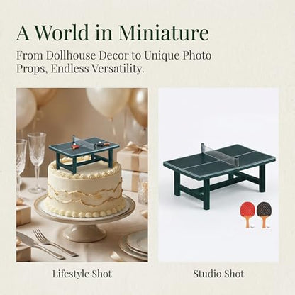NUOBESTY Miniature Table Tennis Set for Dollhouse, Mini Ping Pong Table with 2 Rackets and Ball Doll House Sports Decor for Fairy Garden, Cake Topper, Photo Prop Scene, Collectors