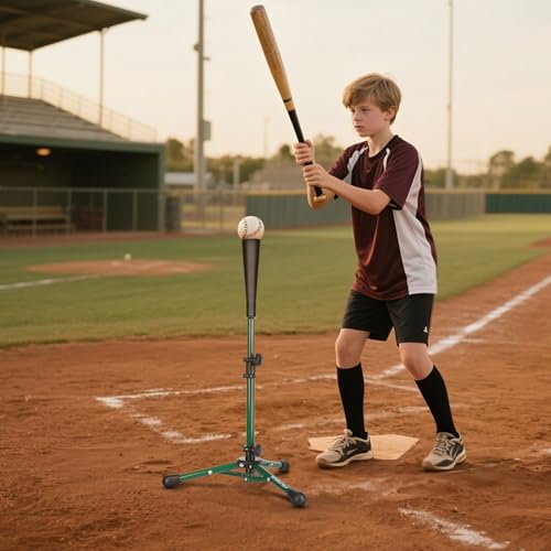 Baseball Tee Batting Tee Softball Tee Portable Travel Hitting Tee,Easy Adjustable Height,Stable Tripod Stand - color: Green, style: Tee