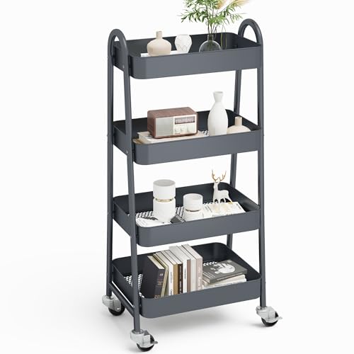 NEWBULIG 4-Tier Metal Rolling Cart with Lockable Wheels, Heavy Duty Mobile Utility Storage Shelf, Roller Book Snack Cart, Organization for Livingroom, Bathroom, Office, Grey - color: Gray, size: 4 Tier