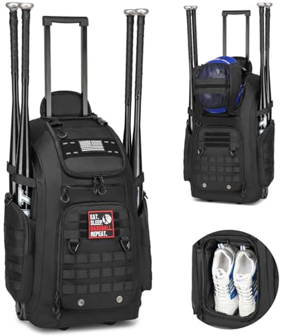 Rolling Baseball Bag with Wheels, Softball Catchers Gear Bags for 4 Bats, Portable Baseball Catcher Bag with Shoe Compartment, Holds All Softball Baseball Equipment - color: Black