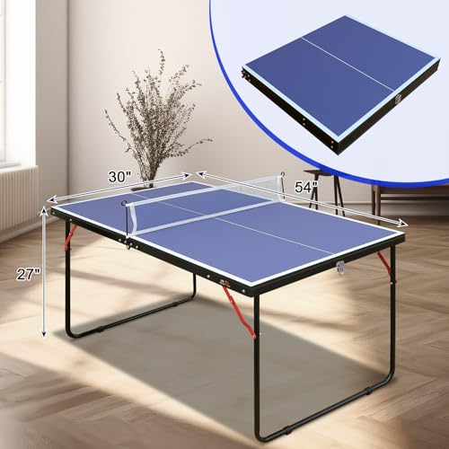 Mid-Size Portable Ping Pong Table, 4ft Compact Foldable Table Tennis Set with Net, Paddles & Balls, Thickened Aluminum Frame for Indoor Outdoor Small Spaces