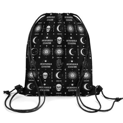 Waterproof Drawstring Bag Gym Sack Sports Backpack for Hiking Swimming Beach Yoga Gear Lightweight Unisex, Skull Moon Sun Gothic Witch Board Seamless Black Bags - color: Picture (358)