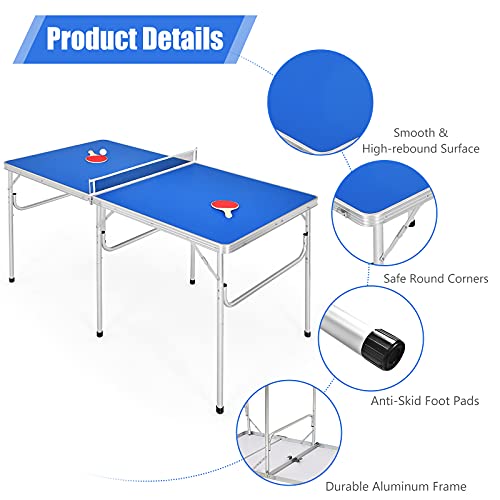 Goplus Foldable Ping Pong Table, 100% Preassembled, Table Tennis Table with Net, 2 Paddles, Ping Pong Balls, Portable Table Tennis Game Set for Indoor Outdoor - style: Blue-60''