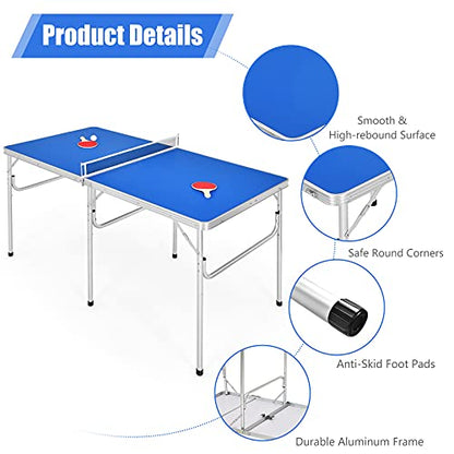 Goplus Foldable Ping Pong Table, 100% Preassembled, Table Tennis Table with Net, 2 Paddles, Ping Pong Balls, Portable Table Tennis Game Set for Indoor Outdoor - style: Blue-60''