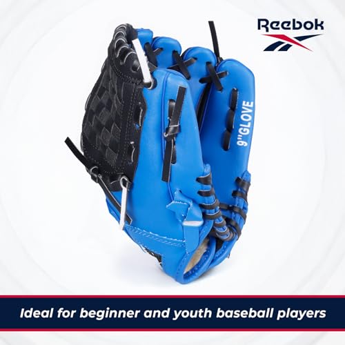 Reebok - Youth Baseball Glove Set, 9-Inch Kids Sports Glove with Foam Ball, Training Mitt for Beginners, Practice & Backyard Play - color: Blue