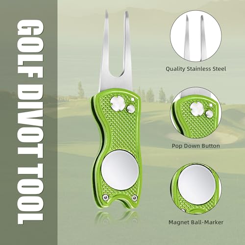 Mile High Life Golf Divot Repair Tool, All Metal Foldable Divot Tool with Pop-up Button & Magnetic Ball Marker, 2-6 Pack - color: Lime Green Fish