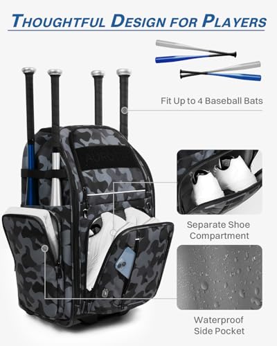 AUROTIER Rolling Baseball Bag with Wheels, Large All-Terrain Wheeled Softball Bag Holds 4 Bats, Water-Resistant Baseball Roller Backpack with Shoe Compartment and Fence Hooks for Players and Coaches - color: Black Camo