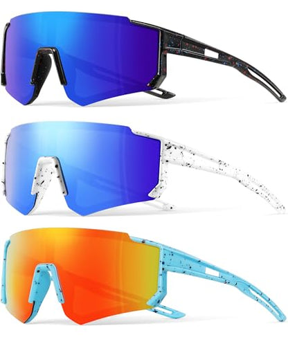 3PACK Kids Sunglasses Youth Baseball Sunglasses for Boys Girls Age 4-12,Softball Sports Cycling Goggles UV Protection - color: A11-deep Blue+blue+blue Red