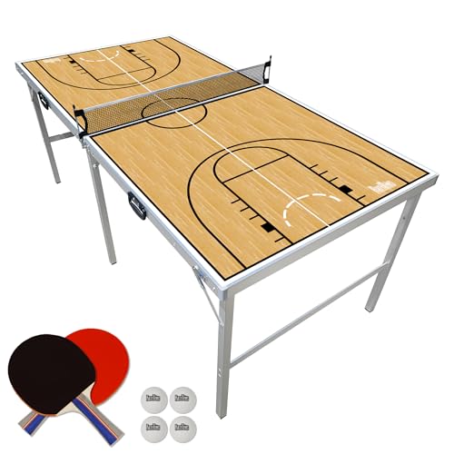 PartyLife 6 ft x 3 ft Ping Pong Table Tennis Table | Mid-Size Portable Folding Indoor Outdoor Ping Pong Table Tennis Table w/Optional LED Lights | Kids & Adults | Game Room | Not Full Size | Game Kit - color: Basketball, size: 6ft x 3ft - Standard