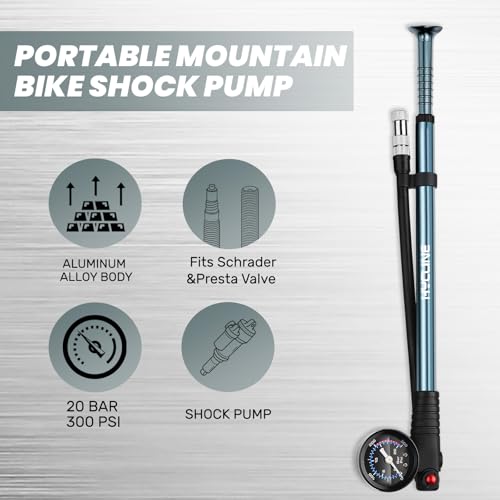 Hycline Shock Pump for Mountain Bike, High Pressure 300 Psi for Front Fork and Rear Bicycle Suspension Air Pump with Gauge Fits Schrader & Presta Tire Valve - color: Titanium