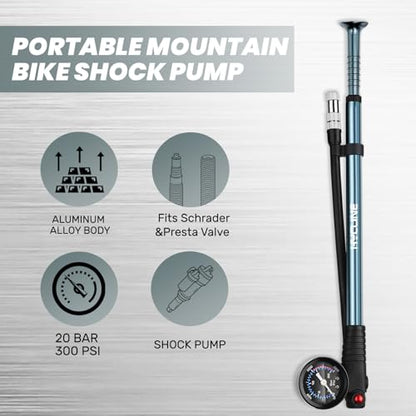 Hycline Shock Pump for Mountain Bike, High Pressure 300 Psi for Front Fork and Rear Bicycle Suspension Air Pump with Gauge Fits Schrader & Presta Tire Valve - color: Titanium