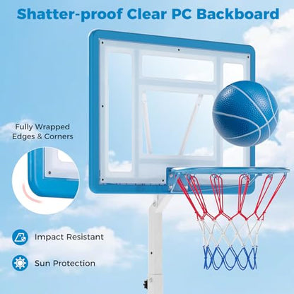 GYMAX Pool Basketball Hoop, Stainless Steel Adjustable 32" Portable Basketball Hoop for Pool with Fillable Base, Shatterproof Backboard, Basketball & Pump Included