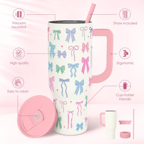 SANDJEST Bow 40oz Tumbler With Handle and Straw, Insulated Stainless Steel Travel Coffee Mug for Women Girls Bow Lovers, Gift Idea for Birthday Christmas Mothers Day - color: Bow 1