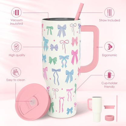 SANDJEST Bow 40oz Tumbler With Handle and Straw, Insulated Stainless Steel Travel Coffee Mug for Women Girls Bow Lovers, Gift Idea for Birthday Christmas Mothers Day - color: Bow 1
