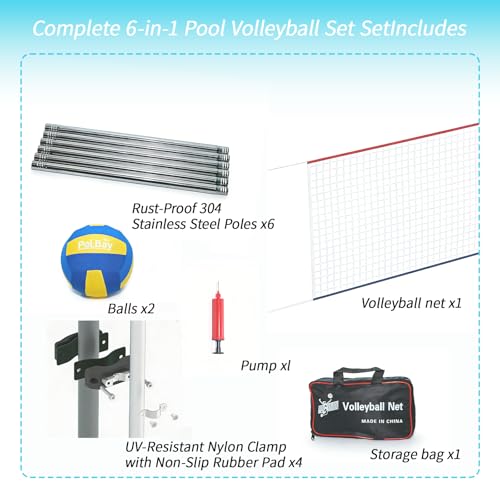Above Ground Pool Volleyball Net Set, Adjustable 10-27FT Width Swimming Pool Volleyball Net, Outdoor Poolside Games with Ball, Carry Bag, Pump, Poles - Fun Swimming Water Games for Kids Adults Family