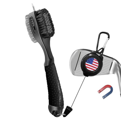 FINGER TEN Retractable Golf Club Cleaner Brush with Magnetic Clip, Durable Nylon Groove Scrub Iron Sharpener Compact Design, Portable Wire Tool for Golf Club Ball Bag Cleaning - color: Black Brush
