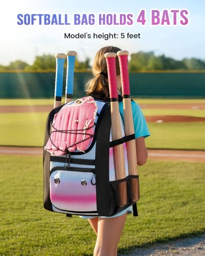 MATEIN Softball Bag, Lightweight Baseball Backpack with Shoe Compartment, Baseball Bag with Fence Hook for TBall Bat & Equipment, Softball Gifts Catchers Backpack for Women Fit Catcher’s Mitt, Helmet - color: Pink - Large
