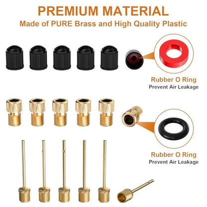 6 Pack Presta to Schrader Valve Adapter Kit, Convert Tire Valve for Bike, eBIke, Scooter - with 6 Tire Valve Stem Caps + 6 Ball Needles - Inflate Effortlessly with Air Compressor or Standard Pump