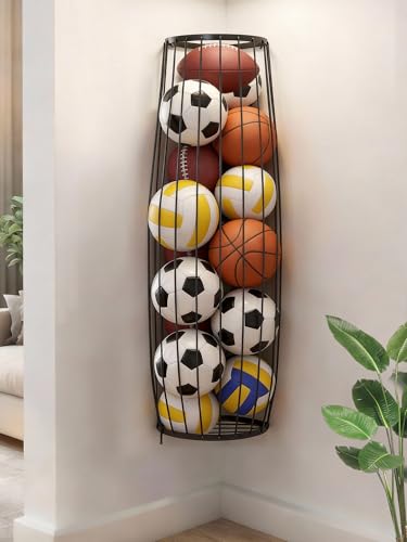 Garage Ball Storage Rack - Wall Mounted Ball Holder with Elastic Cords, Large Capacity Sports Organizer for Basketball, Soccer, Football, Volleyball, Black