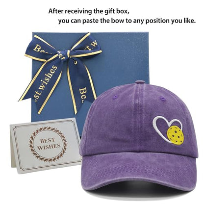 Pickleball Hat with Gift Box, Pickleball Gifts for Women Men, Adjustable Embroidered Heart Baseball Cap - color: Dark Purple