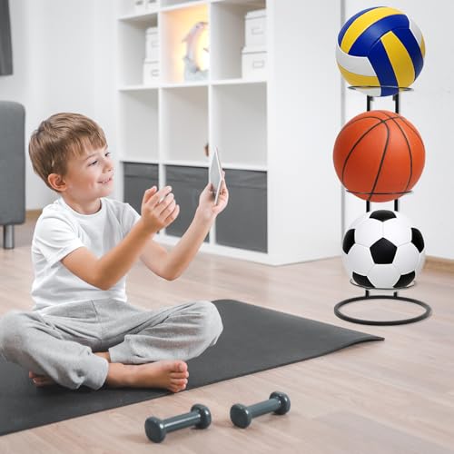 QWORK Basketball Ball Storage Rack – Vertical 3-Tier Design, Wall-Mountable or Freestanding, Space-Saving Solution for Basketball, Football, and Volleyball Storage