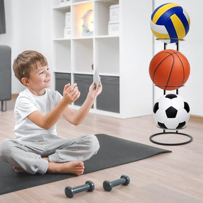 QWORK Basketball Ball Storage Rack – Vertical 3-Tier Design, Wall-Mountable or Freestanding, Space-Saving Solution for Basketball, Football, and Volleyball Storage