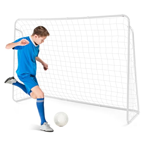 GYMAX Soccer Goal for Backyard, 7 x 5ft Soccer Net w/Heavy Duty Frame & Ground Stakes, Weather-Resistant Soccer Field Equipment for Kids Football Shooting Training, Easy to Setup