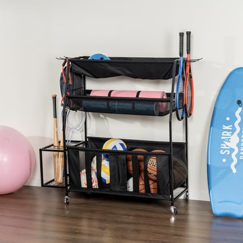 MyGift Garage Sports Equipment Organizer, 3 Tier Metal Ball Storage Bin with Wheels and Mesh Fabric Shelf Baskets, Rolling Gym Equipment Yoga Mat Storage Stand with Ball Toy Bins and 6 Hooks