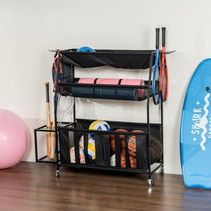 MyGift Garage Sports Equipment Organizer, 3 Tier Metal Ball Storage Bin with Wheels and Mesh Fabric Shelf Baskets, Rolling Gym Equipment Yoga Mat Storage Stand with Ball Toy Bins and 6 Hooks