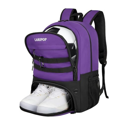 LARIPOP Soccer Backpack with Ball Holder & Shoe Compartment Large Capacity Youth Sports Bag for Training - color: purple