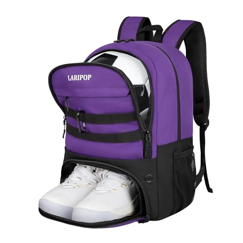 LARIPOP Soccer Backpack with Ball Holder & Shoe Compartment Large Capacity Youth Sports Bag for Training - color: purple