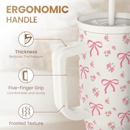 Bow Tumbler with Handle 40oz, Stainless Steel Insulated Tumblers Coffee Travel Cup with Slider Straw Lid, Gifts for Women Teen Girls Birthday - color: Bow