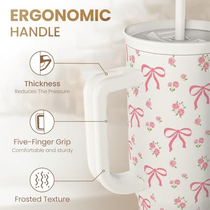 Bow Tumbler with Handle 40oz, Stainless Steel Insulated Tumblers Coffee Travel Cup with Slider Straw Lid, Gifts for Women Teen Girls Birthday - color: Bow
