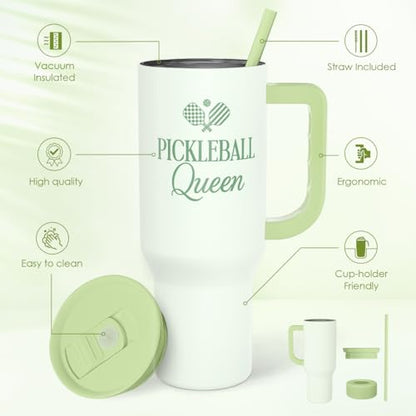 SANDJEST Pickleball 40oz Tumbler With Handle and Straw, Pickleball Queen Insulated Stainless Steel Travel Coffee Mug for Women Girls Players, Gift Idea for Birthday Christmas Mothers Day - color: Pickleball