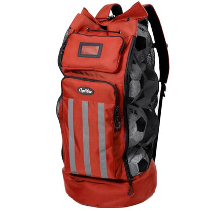 OrgaWise XXL Soccer Ball Bags for Coaches | 600D Oxford Cloth | SBS Zippers | Card Holder | Night Reflective Strips | Plated Holes | Chest Strap | Carry Handle - color: Red