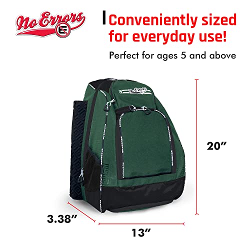 No Errors Sports RBP Rookie Baseball and Softball Backpack - Youth Baseball and Softball Bat Bag with Fence Hooks - Baseball and Softball Equipment Bag for Kids - color: Green