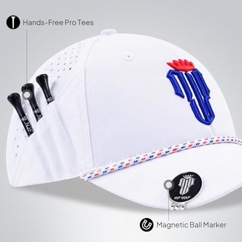 NJF Golf Hat Men - Breathable Mens Golf Hats, Adjustable Rope Hook and Loop Style Cap, Convenient Cap with Tee Holder - color: Njf Us Flag White