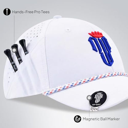 NJF Golf Hat Men - Breathable Mens Golf Hats, Adjustable Rope Hook and Loop Style Cap, Convenient Cap with Tee Holder - color: Njf Us Flag White