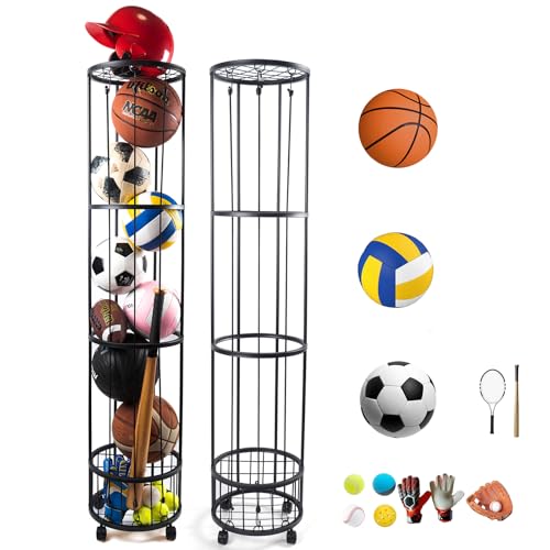 Upgrated Ball Storage Rack with Small Bottom Ball Holder, 3 Adjustable Elastic Cords Sports Equipment Organizer, Wall-Mounted Basketball Rack for Indoor,Outdoor,Home,Garage - size: 4 Layer with mesh top