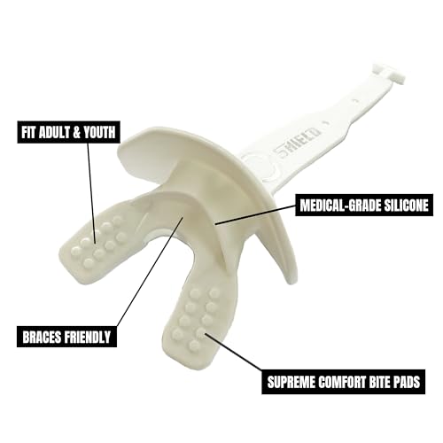 O Shield Striker Football Mouth Guard with Connected Strap, No Boil Brace Friendly Lip Guard for Tackle Football, Youth and Adult - color: White