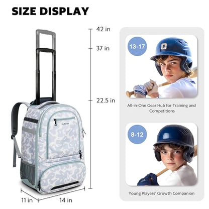 AUROTIER Rolling Baseball Backpack with Off-road Wheels, Wheeled Catchers Gear Bag for Baseball Equipment, 4 Bats, Large Softball Bag for TBall, Helmet & Accessories with Fence Hook - color: Grey-blue