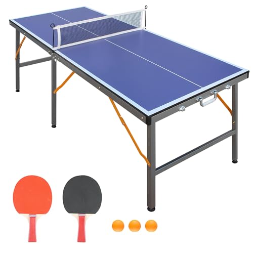 5FT Portable Ping Pong Table, Indoor Outdoor Mid Size Foldable Table Tennis Table, Table Tennis for Rec Room w/ 2 Paddles, 3 Balls, Game Net and Adjustable Feet, Sturdy Iron Frame