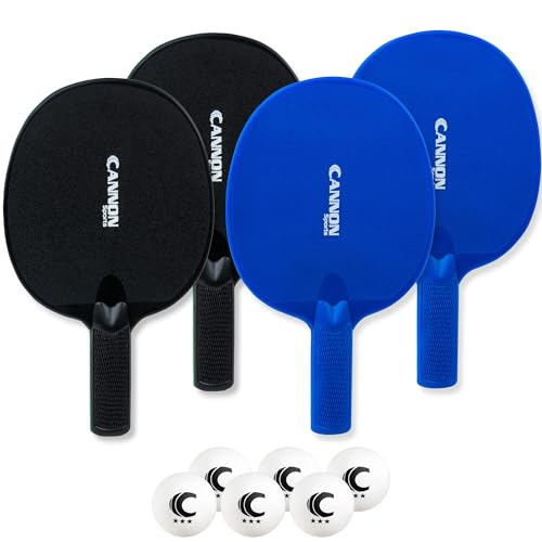Cannon Sports Unbreakable Table Tennis Paddle Set - 4 Rackets with 6 Pack of 3-Star Table Tennis Balls – Portable Set for 4 Players - color: 2 Black + 2 Blue Paddles + 6 White Balls