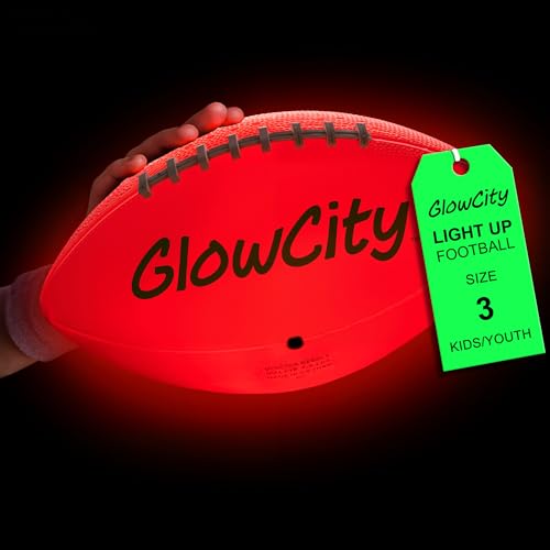 GlowCity Glow in The Dark Football - Size 3/6 Light Up Ball Gifts for Kids, Junior & Teens - Bright Football for Night Outdoor Games - Sports Birthday Gift Ideas for Boys Ages 6 7 8 9 10 11 12 13 14 - size: Size 3 (Kids/Pee Wee), style: Rubber (Pump + Box