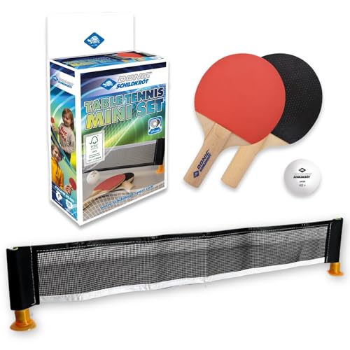 Donic-Schildkröt Tischtennis-Mini-Set FSC, Tischtennis im Miniformat, 2 FSC-Schläger, Netz mit Saugnapfpfosten, 1 Tischtennisball, in neuer Kartonverpackung