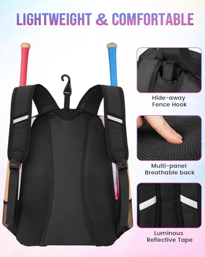 MATEIN Softball Bag, Lightweight Baseball Backpack with Shoe Compartment, Baseball Bag with Fence Hook for TBall Bat & Equipment, Softball Gifts Catchers Backpack for Women Fit Catcher’s Mitt, Helmet - color: Pink - Large