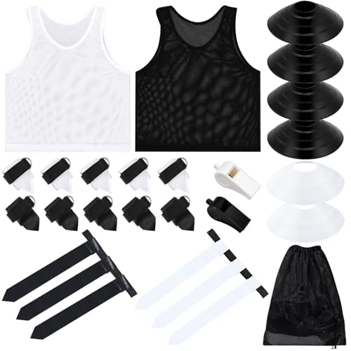 Wettarn 12 Player Football Flags and Belts Set Flag Football Set with Mesh Jersey Team Pinnies Cone Whistle Bag(White, Black)