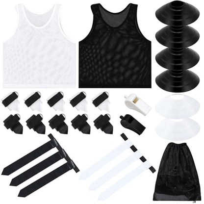 Wettarn 12 Player Football Flags and Belts Set Flag Football Set with Mesh Jersey Team Pinnies Cone Whistle Bag(White, Black)